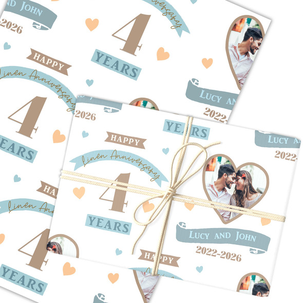 Personalised Wrapping Paper 4th Wedding Anniversary 4 Year Photo Linen Heart