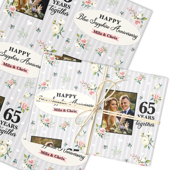 Personalised Wrapping Paper 65th Blue Sapphire Wedding Anniversary Floral Photo