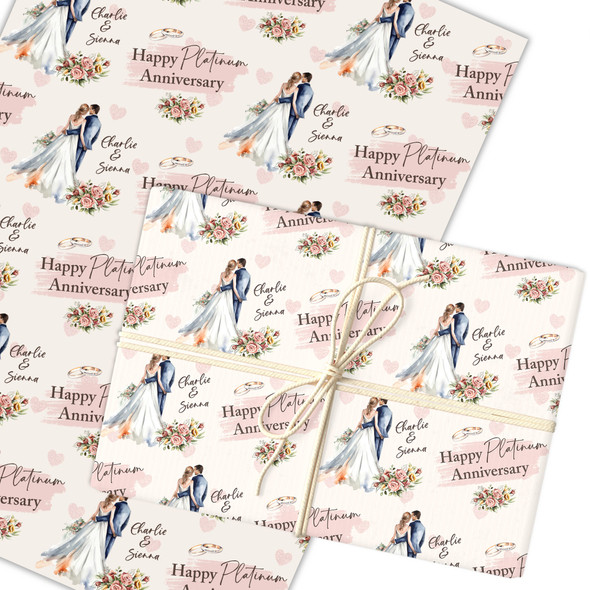 Personalised Wrapping Paper 70th Platinum Wedding Anniversary Watercolour Couple