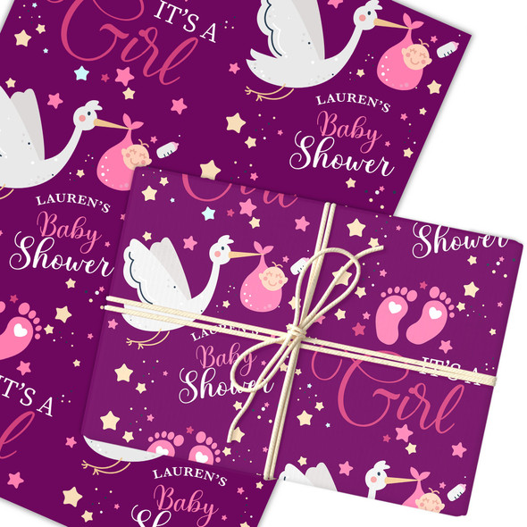 Personalised Wrapping Paper Baby Shower Gender Reveal It's A Girl Pink Stork