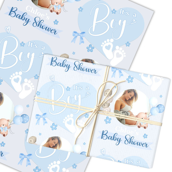 Personalised Wrapping Paper Baby Shower Blue Gender Reveal It's A Boy Photo