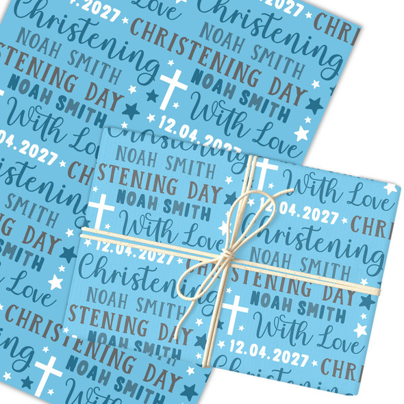 Personalised Wrapping Paper Christening Day Boy Blue Grey Stars Custom Gift Wrap