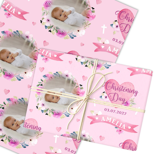 Personalised Wrapping Paper Christening Day Girl Photo Pink Flowers Gift Wrap