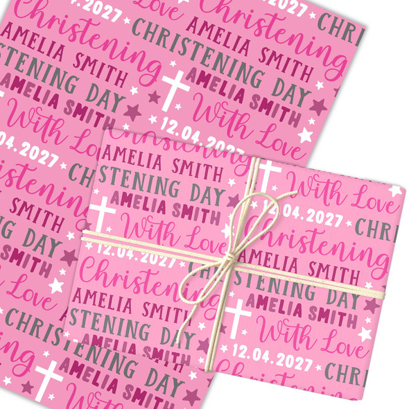 Personalised Wrapping Paper Christening Day Girl Pink Grey Stars Gift Wrap
