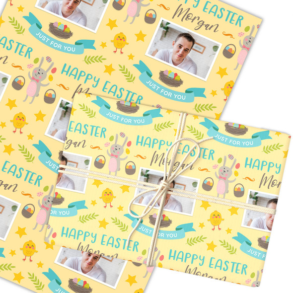 Personalised Wrapping Paper Easter Photo Bunny Chick Star Yellow Gift Wrap
