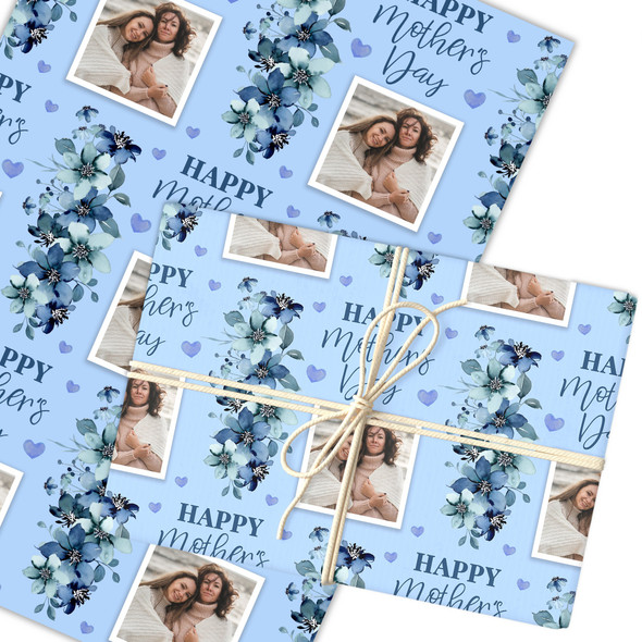Personalised Wrapping Paper Mother's Day Photo Blue Flowers Heart Gift Wrap