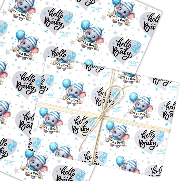 Personalised Wrapping Paper New Baby Boy Blue Elephant Hello Custom Gift Wrap
