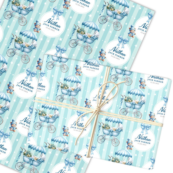 Personalised Wrapping Paper New Baby Blue Baby Boy Pram Custom Gift Wrap