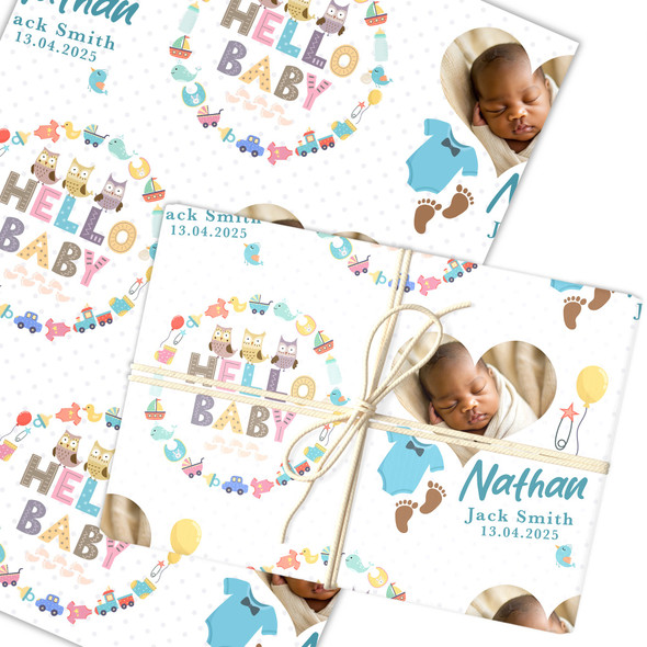 Personalised Wrapping Paper New Baby Blue Hello Baby Boy Photo Custom Gift Wrap