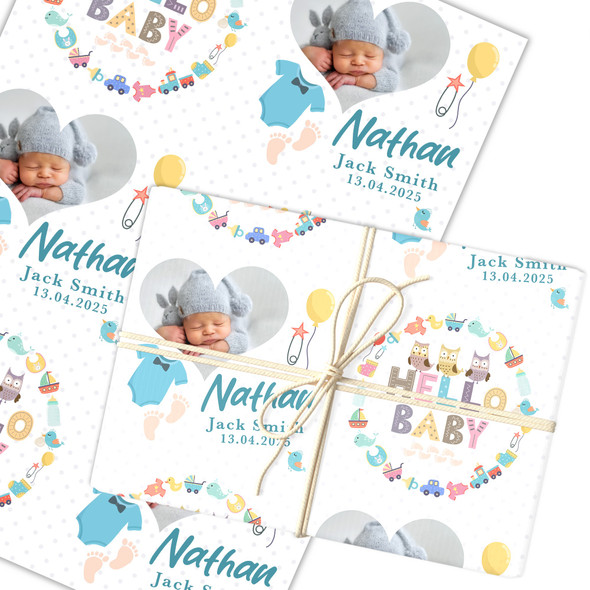 Personalised Wrapping Paper New Baby Blue Hello Heart Photo Baby Boy Gift Wrap