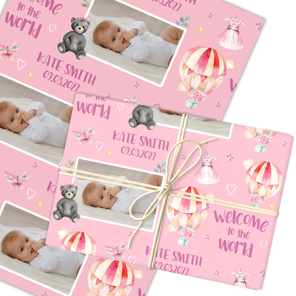 Personalised Wrapping Paper New Baby Girl Photo Hot Air Balloon Custom Gift Wrap