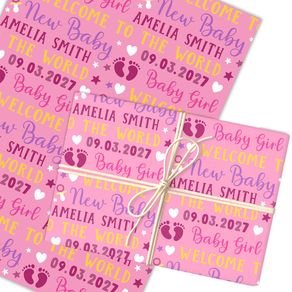 Personalised Wrapping Paper New Baby Girl Pink Footprints Custom Gift Wrap