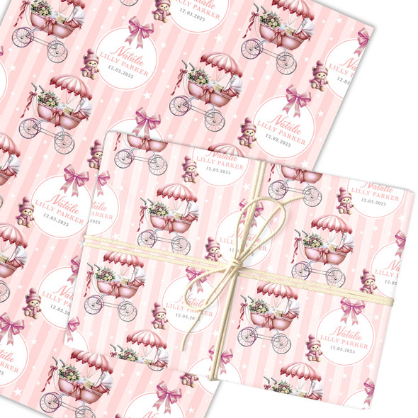 Personalised Wrapping Paper New Baby Pink Baby Gilr Pram Custom Gift Wrap