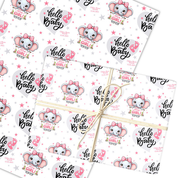 Personalised Wrapping Paper New Baby Pink Elephant Baby Girl Hello Gift Wrap