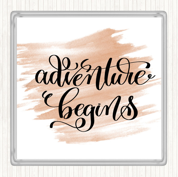 Watercolour Adventure Begins Swirl Quote Coaster