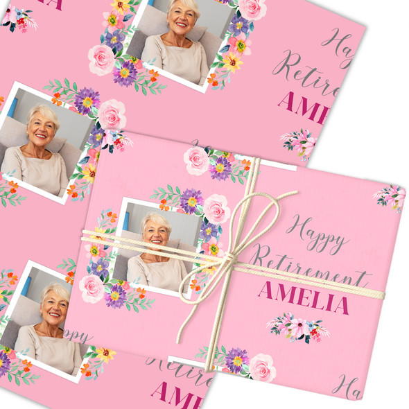 Personalised Wrapping Paper Retirement Female Photo Flower Pink Custom Gift Wrap