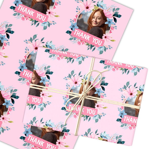 Personalised Wrapping Paper Thank You Female Photo Pink Flowers Custom Gift Wrap