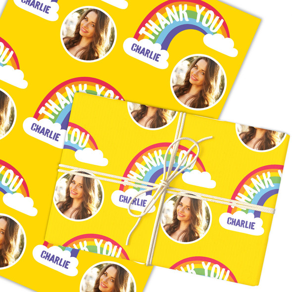 Personalised Wrapping Paper Thank You Photo Rainbow Yellow Custom Gift Wrap