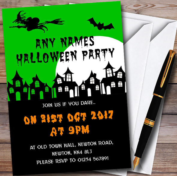 Green Scary Haunted Houses Customised Halloween Party Invitations
