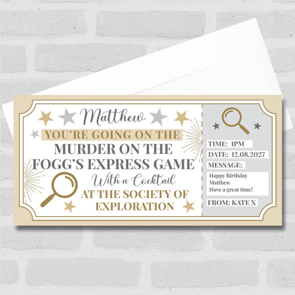 Murder On The Fogg's Express Game Personalised Gift Voucher Surprise Ticket