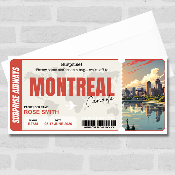 Montreal Boarding Pass Personalised Gift Voucher Surprise Trip Holiday Ticket