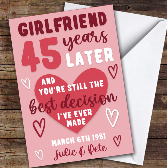 Anniversary Card Personalised 45th Girlfriend Years Best Decision Pink