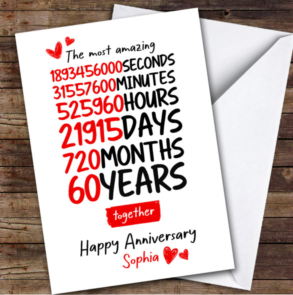 60th Wedding Anniversary Card Personalised Amazing Seconds Minutes Hours Days