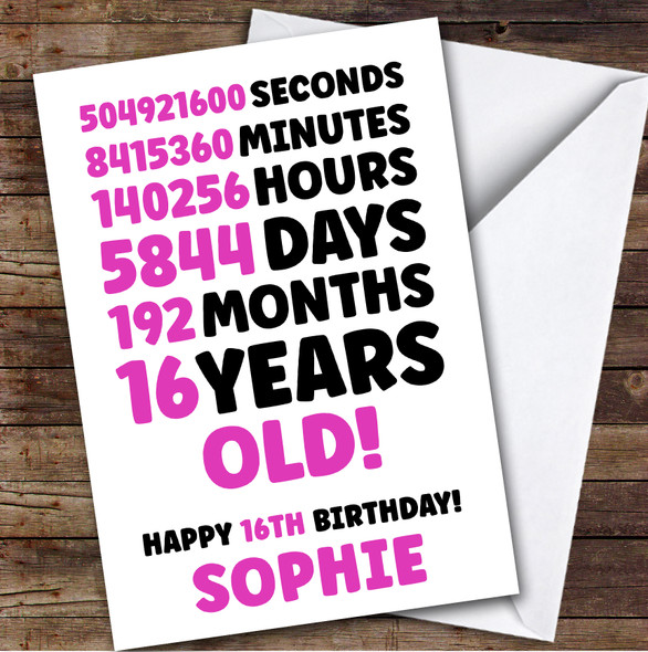 Pink 16th Birthday Card Personalised Seconds Minutes Hours Days
