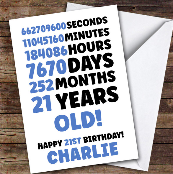 Blue 21st Birthday Card Personalised Seconds Minutes Hours Days