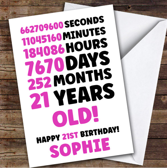 Pink 21st Birthday Card Personalised Seconds Minutes Hours Days