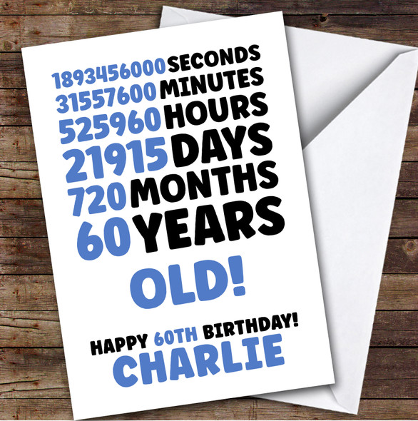 Blue 60th Birthday Card Personalised Seconds Minutes Hours Days