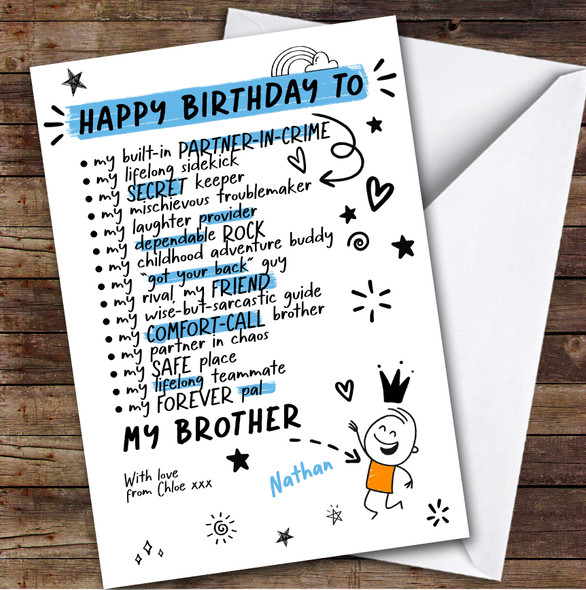 Brother Funny Doodles Birthday Card Personalised