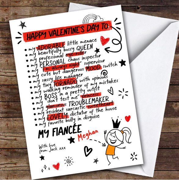 Fiancee Funny Doodles Valentine's Day Card Personalised