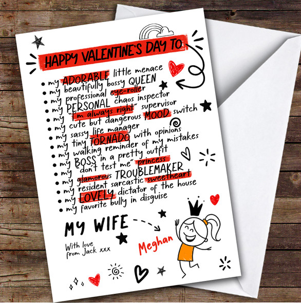Wife Funny Doodles Valentine's Day Card Personalised
