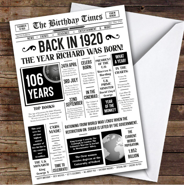 Born In 1920 White Newspaper Birthday Facts Any Year Any Age Personalised Card