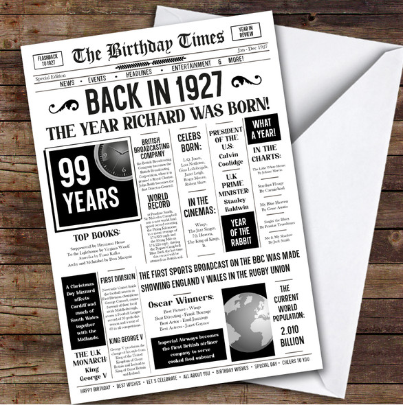Born In 1927 White Newspaper Birthday Facts Any Year Any Age Personalised Card