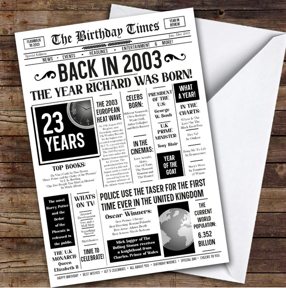 Born In 2003 White Newspaper Birthday Facts Any Year Any Age Personalised Card