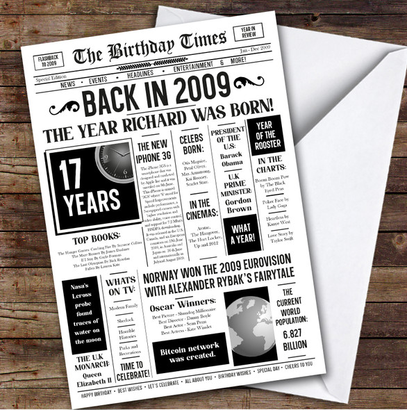 Born In 2009 White Newspaper Birthday Facts Any Year Any Age Personalised Card