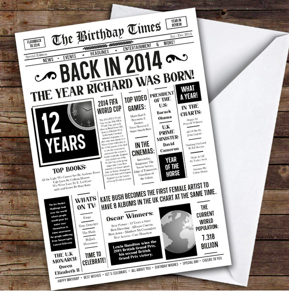 Born In 2014 White Newspaper Birthday Facts Any Year Any Age Personalised Card