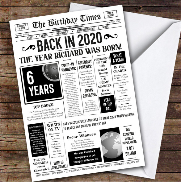 Born In 2020 White Newspaper Birthday Facts Any Year Any Age Personalised Card