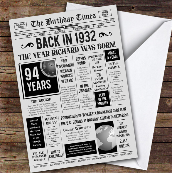 Born In 1932 Grey Newspaper Birthday Facts Any Year Any Age Personalised Card