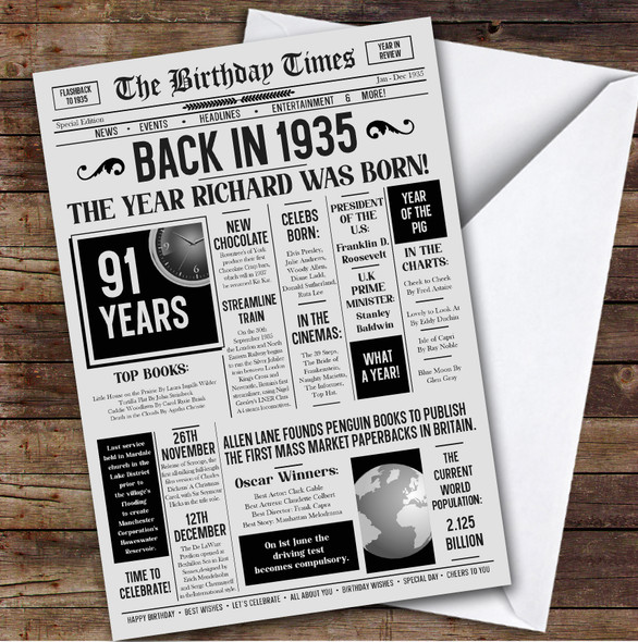 Born In 1935 Grey Newspaper Birthday Facts Any Year Any Age Personalised Card