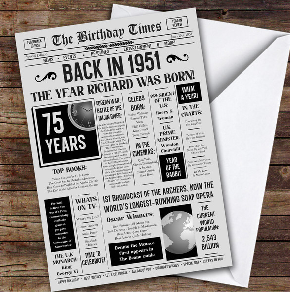 Born In 1951 Grey Newspaper Birthday Facts Any Year Any Age Personalised Card