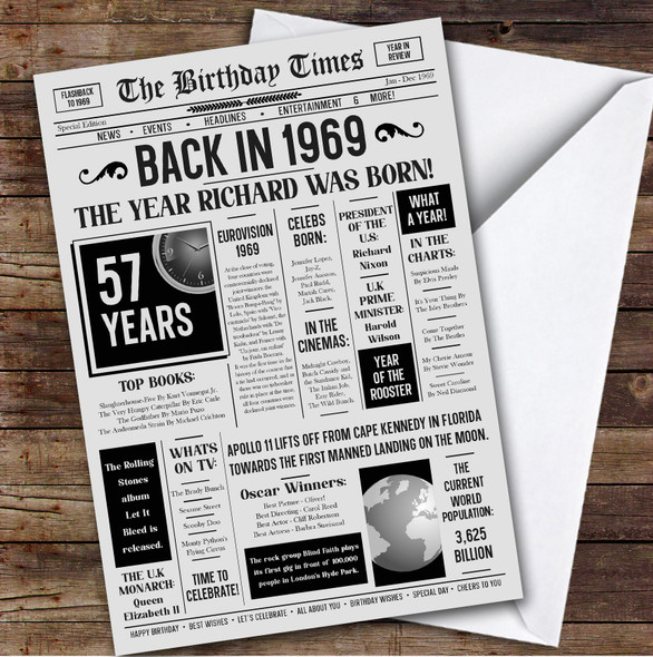 Born In 1969 Grey Newspaper Birthday Facts Any Year Any Age Personalised Card