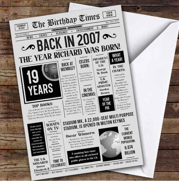 Born In 2007 Grey Newspaper Birthday Facts Any Year Any Age Personalised Card