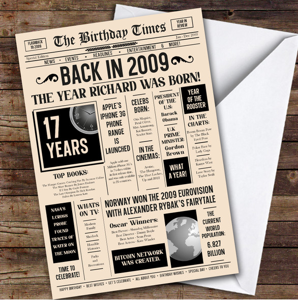 Born In 2009 Newspaper Birthday Facts Any Year Any Age Personalised Card