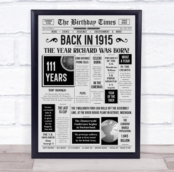 Born In 1915 Grey Newspaper Birthday Facts Any Year Any Age Personalised Print