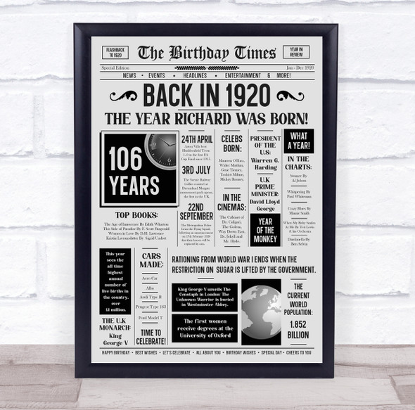 Born In 1920 Grey Newspaper Birthday Facts Any Year Any Age Personalised Print