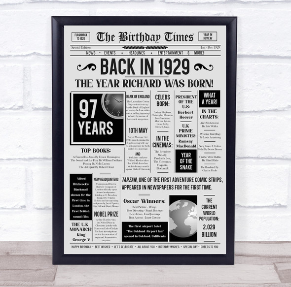 Born In 1929 Grey Newspaper Birthday Facts Any Year Any Age Personalised Print