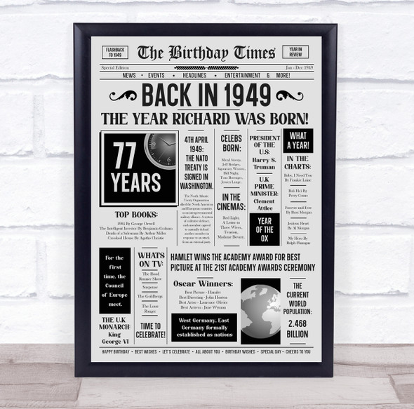 Born In 1949 Grey Newspaper Birthday Facts Any Year Any Age Personalised Print